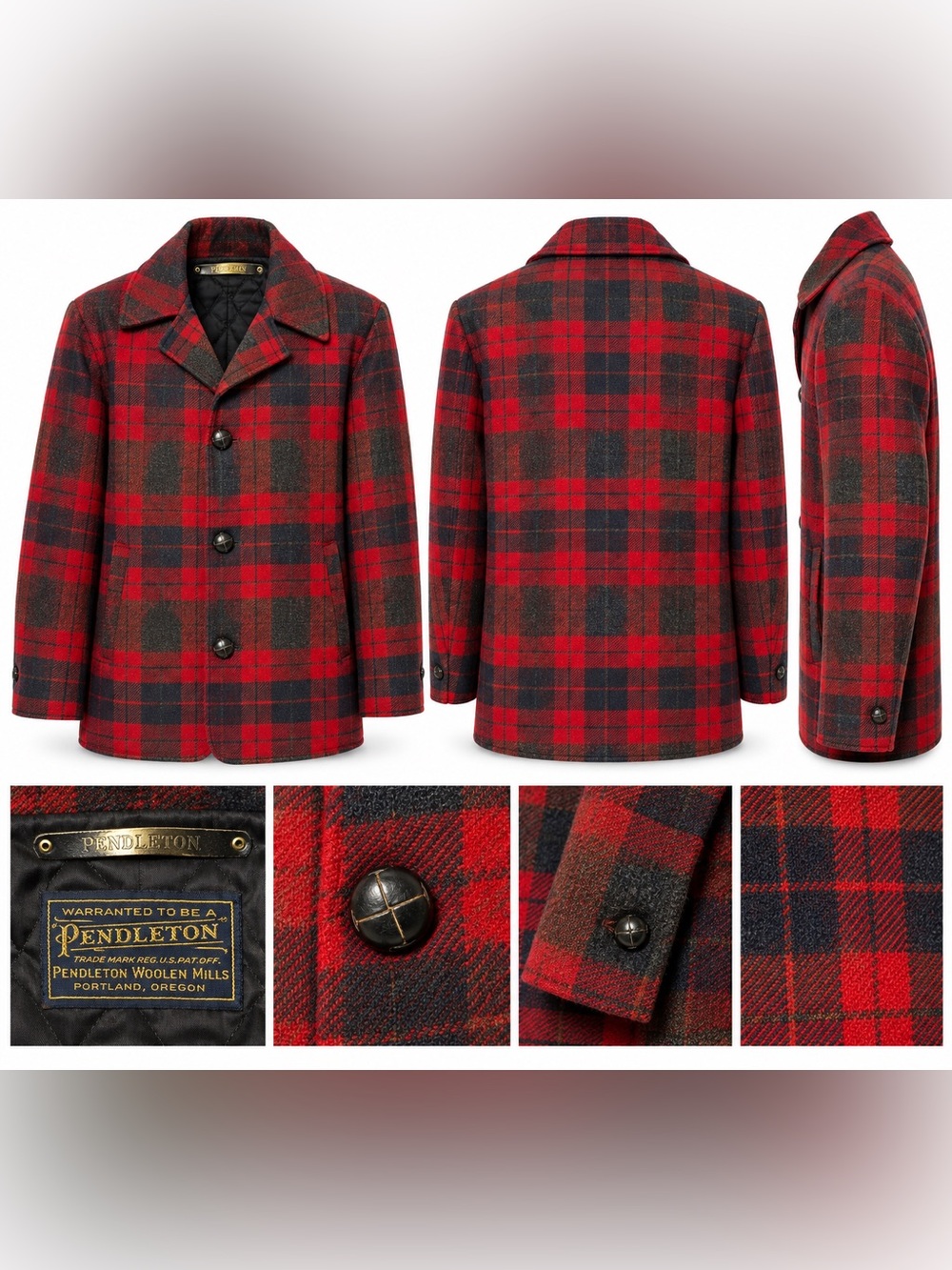 Vintage Pendleton Wool Plaid Car Coat Red Tartan Quilted Leather Buttons 46